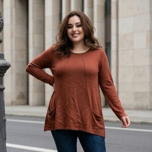 Burnt Orange Knit Sweater Medium Pullover Crewneck Tunic Pockets Effortless Chic